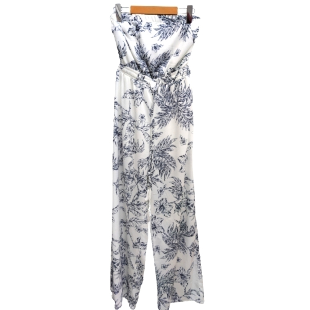 ReVamped women's wide leg jumpsuit in white and blue abstract floral size S